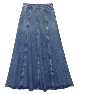 Light Blue Long Denim Skirt with High Waist Design