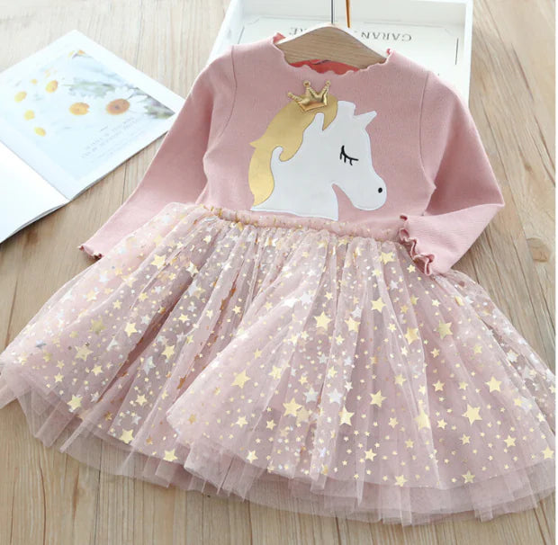 Unicorn Long Sleeve Dress for Kids (Sizes 2-6 Years)
