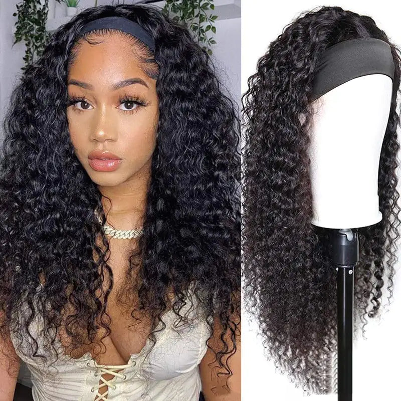 Natural Color Long Curly Hair Turban Wig with Headgear