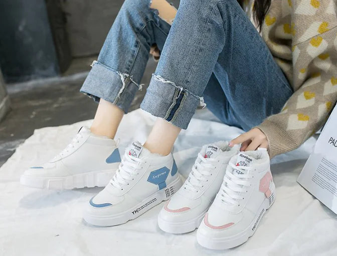 High-Top Plush Sports Shoes, White Sneakers