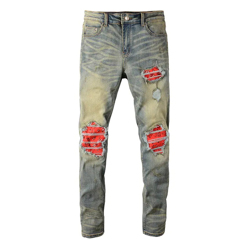 Men's Light Colored Elastic Pleated Red Printed Jeans