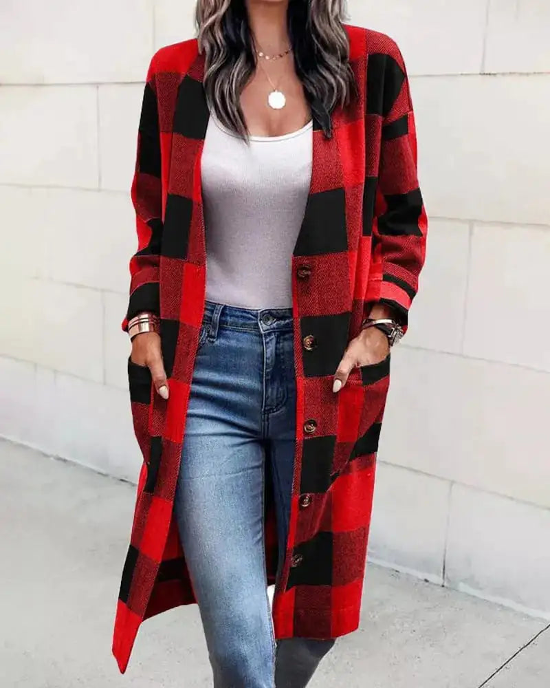Women's Loose Plaid Woolen Coat with Button Pockets