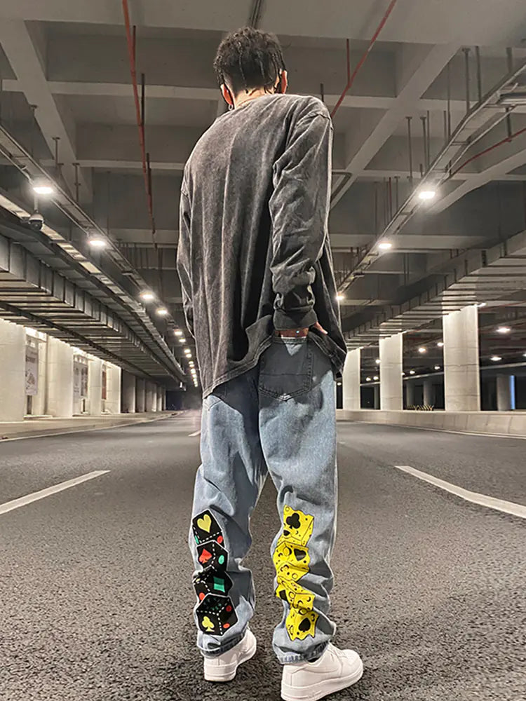 Loose Wide-Leg Jeans with Dice Cheese Print