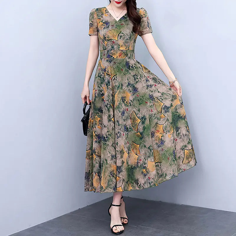 Plus Size Chiffon Floral Dress for Spring and Autumn