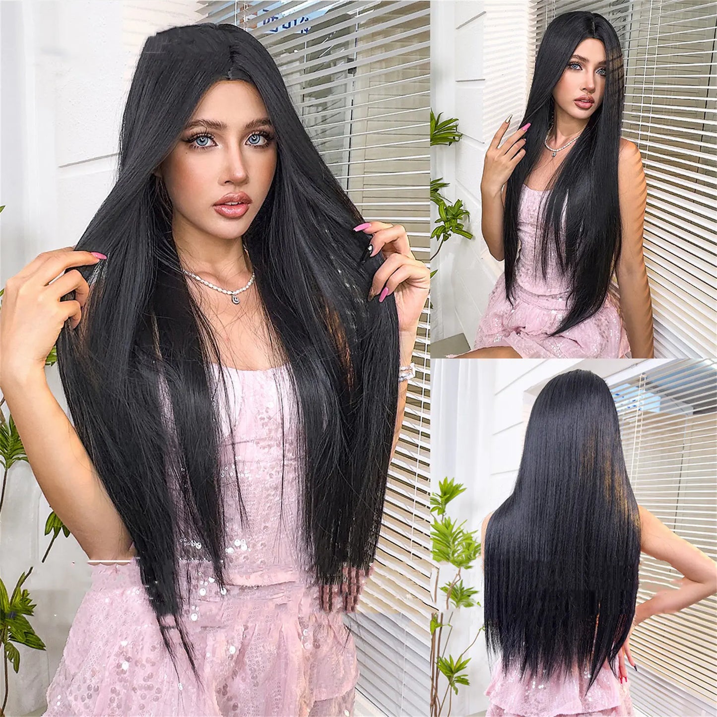 Black Long Straight Center-Parted Wig for Women