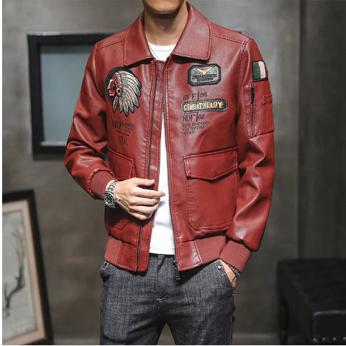 Men's PU Leather Jacket with Embroidery (One Piece)