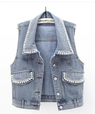 Women's Denim Vest with Beaded Details - Blue / XL