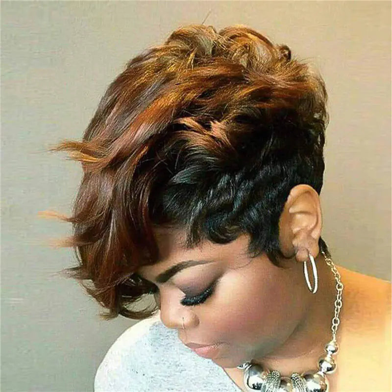 Short Black and Brown Curly Wig with Oblique Bangs