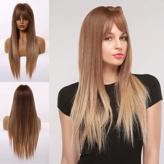 Fashion Long Straight Brown Grey Wig for Women