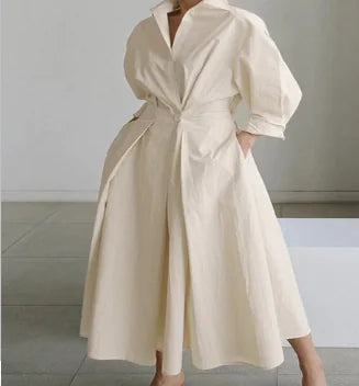 POLO Collar Shirt Dress with Elastic Waist and Large Hem