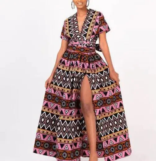 Summer V-neck Short Sleeve Maxi Dress with Print (One)