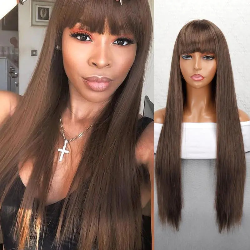 Natural Long Straight Black Wig with Air Bangs for Women