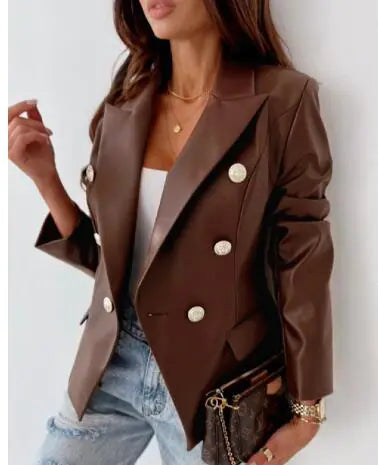 Double-Breasted Faux Leather Blazer for Women (One Piece)