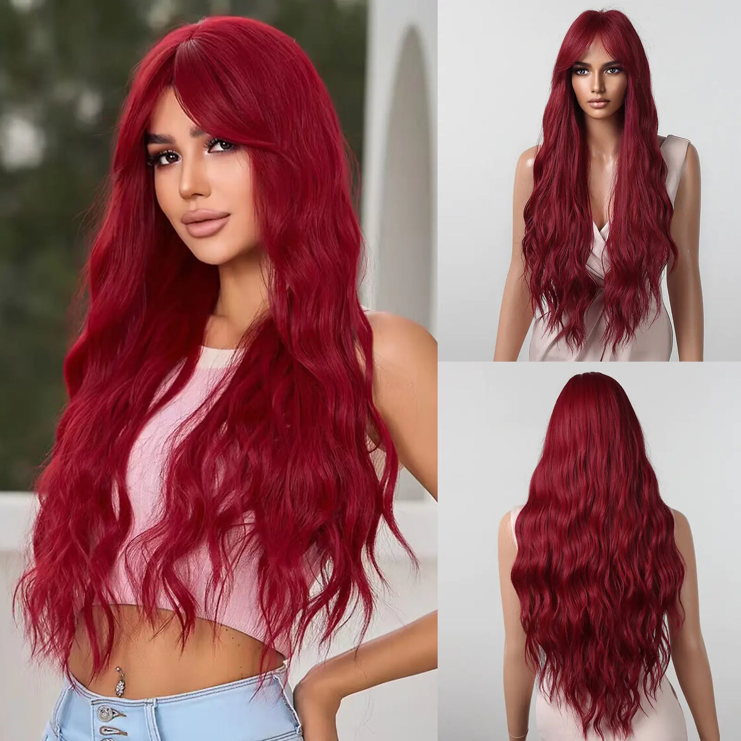 Rose Red Long Curly Big Wave Wig with Eight Characters