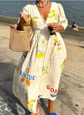 Lucille Chevalier Beach Dress with V-Neck and Flare Sleeves