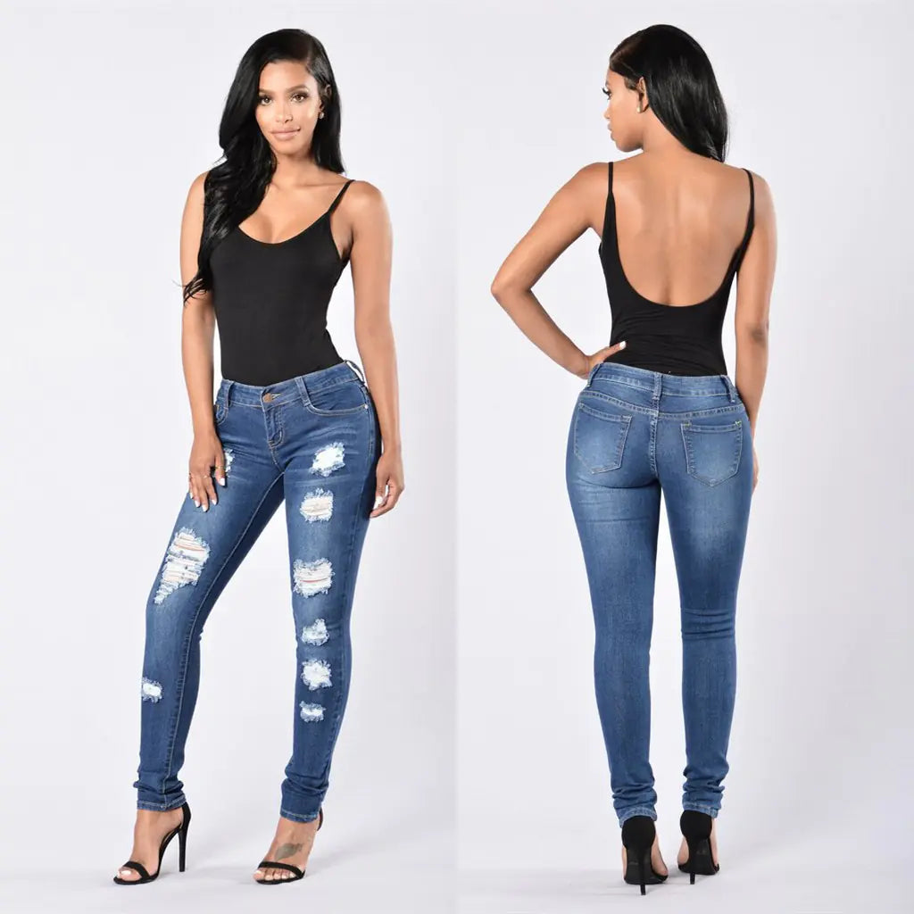 Women's Ripped Denim Trousers - Fashion Trend Pants