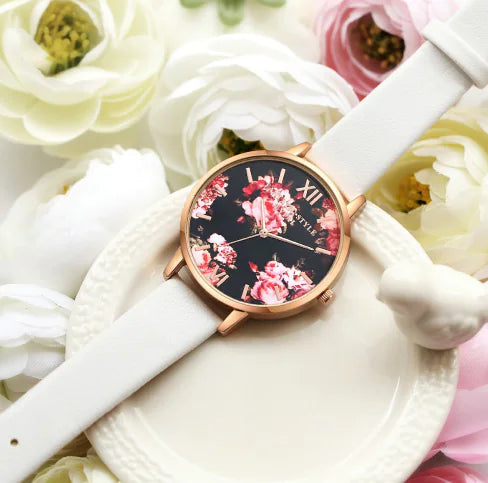 Fashion Floral Dial Watch for Women, PU Strap