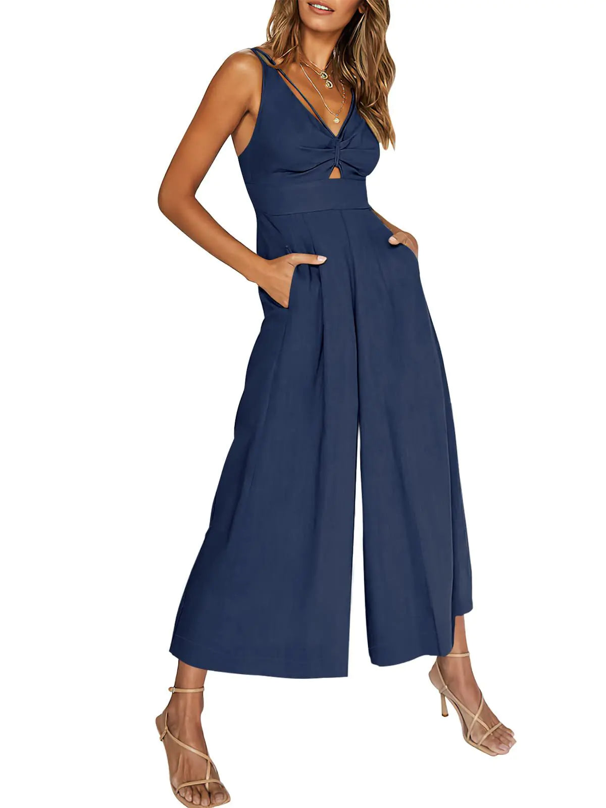 Women’s Halter V-Neck Cutout Wide-Leg Jumpsuit