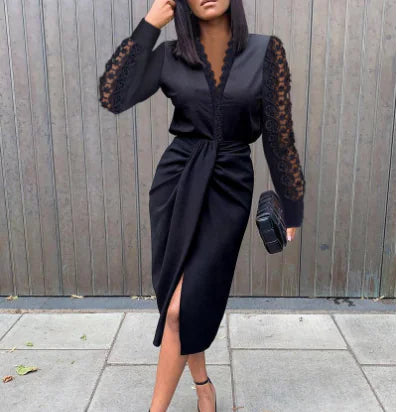 DRESSINO Floral Print V-Neck Lace Long Sleeve Dress