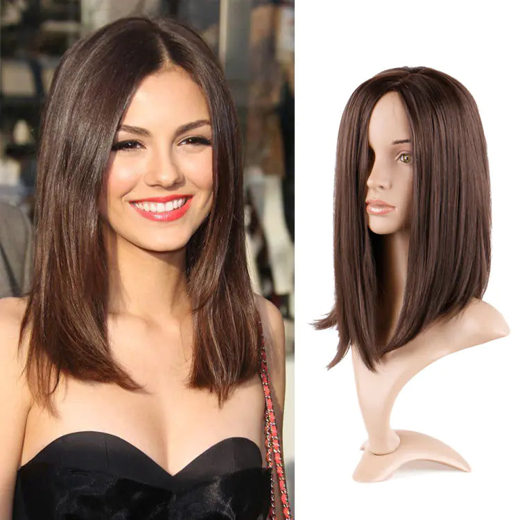 Synthetic Brown Mid-point Straight Wig for Clavicle Length