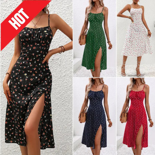 Polka Dot Print Suspender Dress with Slit for Women
