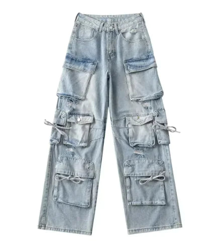Cargo Jeans with Vintage Wash and Distressed Design (One Piece)