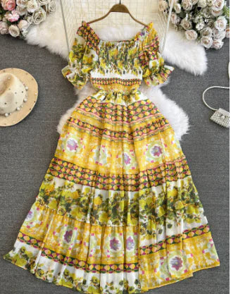 Bohemian Beach Dress with Short Sleeves and Square Collar