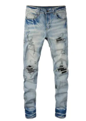 Ripped Patch Jeans for Men - Slim Fit Street Style