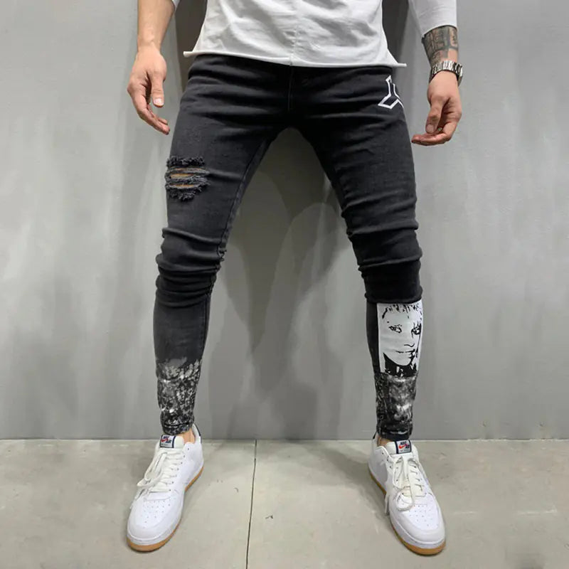 Men's Black Ripped Stretch Stiletto Jeans