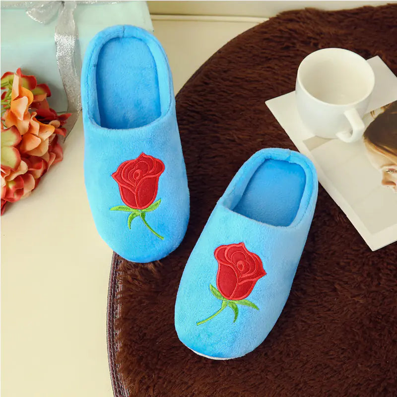 Rose Embroidered Non-Slip Cotton Indoor Slippers