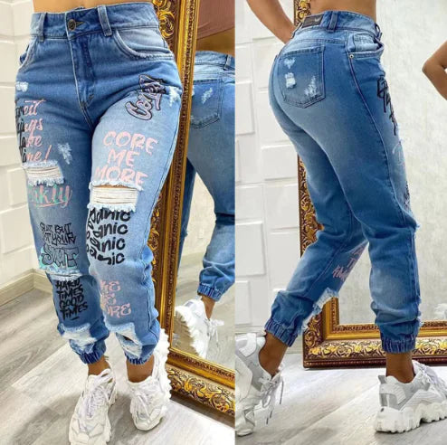 2023 New Letter Print Ripped Slim Jeans for Women