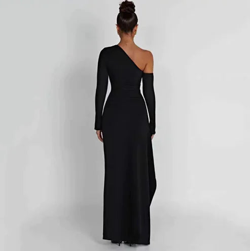 Knitted One-Shoulder Long Sleeve Split Dress for Women