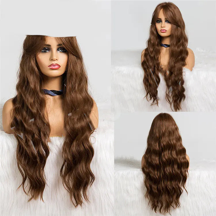 Long Wavy Brown Wig with Bangs for Cosplay Parties