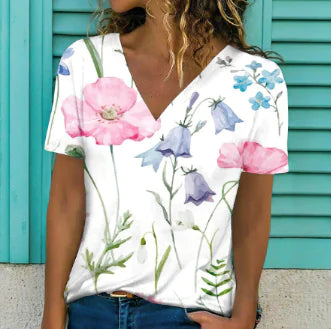 Elegant V-Neck T-Shirt with Leaf Print (One Piece)