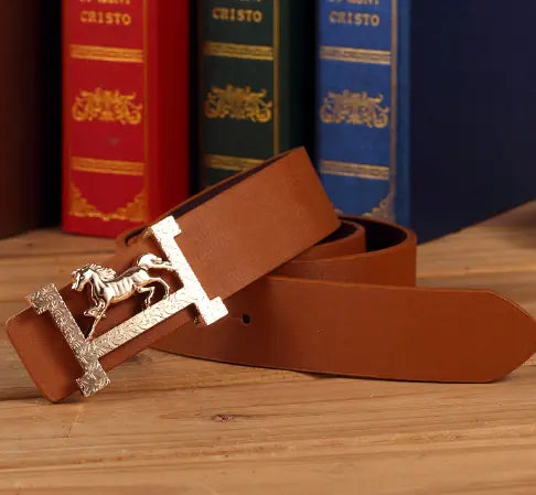 H Leather Belt with Gold Buckle for Men and Women