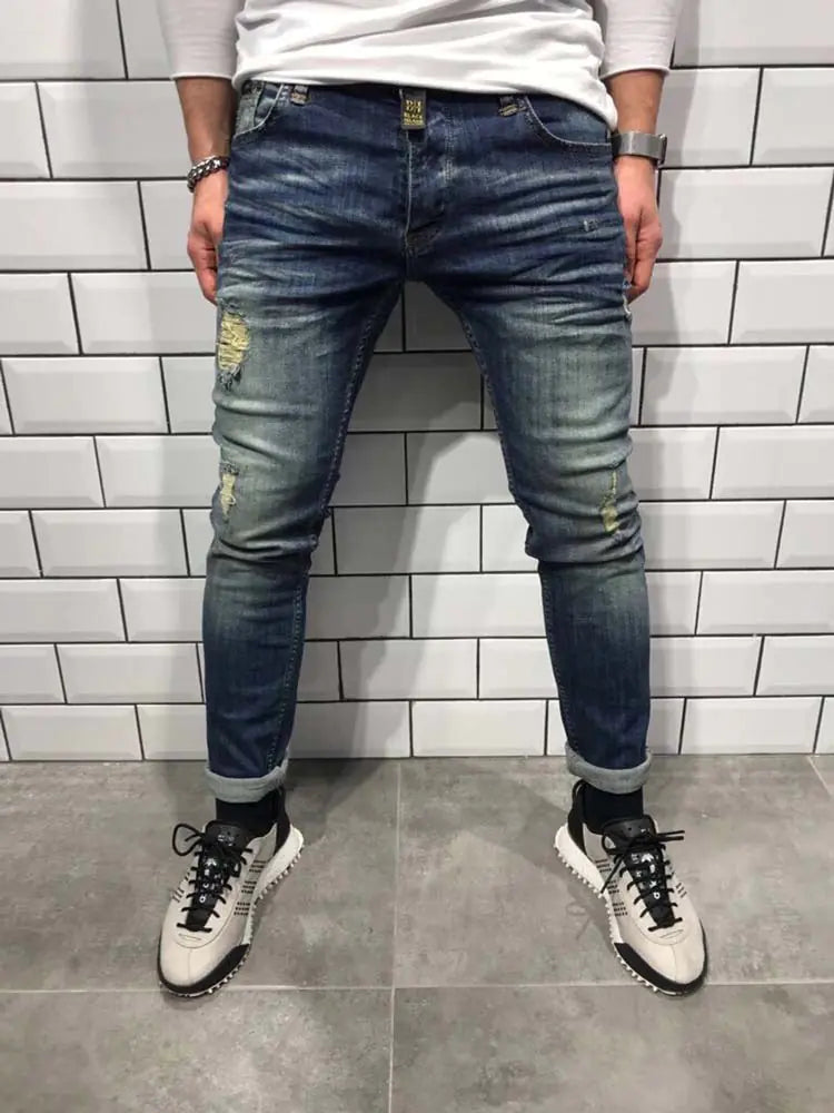 Men's Small Hole Denim Jeans - New European Style