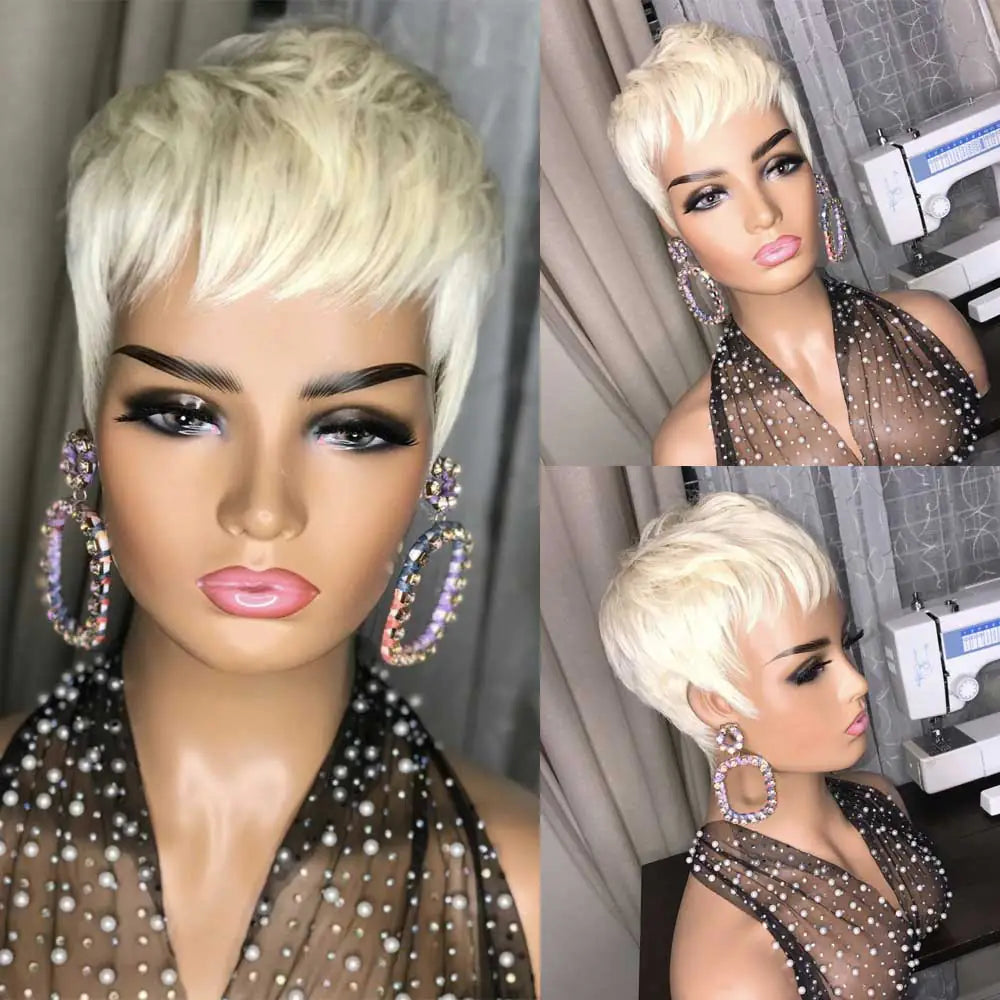 Ladies Fashion Golden Synthetic Short Straight Wig Set