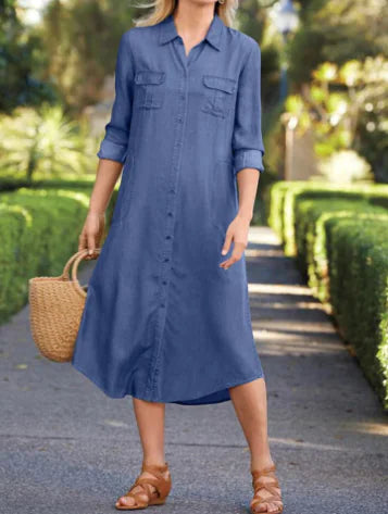 Long Sleeve Denim Dress with Multiple Pockets (One Piece)