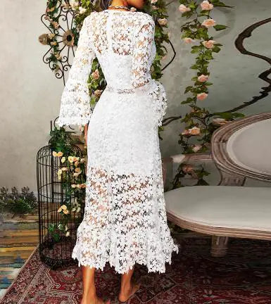 Flare Sleeve Midi Lace Party Dress (One Piece)