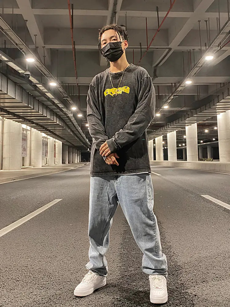 Loose Wide-Leg Jeans with Dice Cheese Print