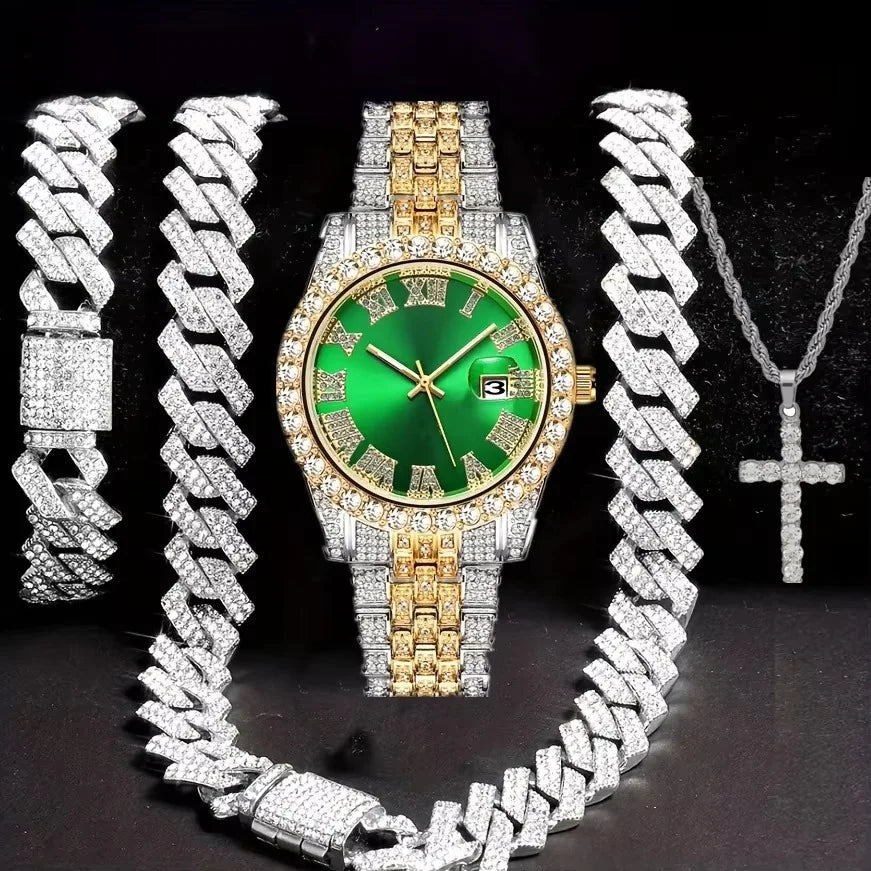Hip Hop Jewelry Set – Bracelet, Necklace & Diamond Watch