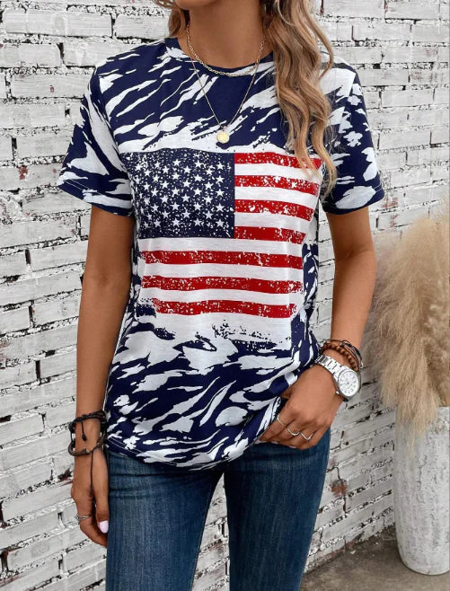 Women's American Flag Casual Round Neck T-Shirt (One Piece)