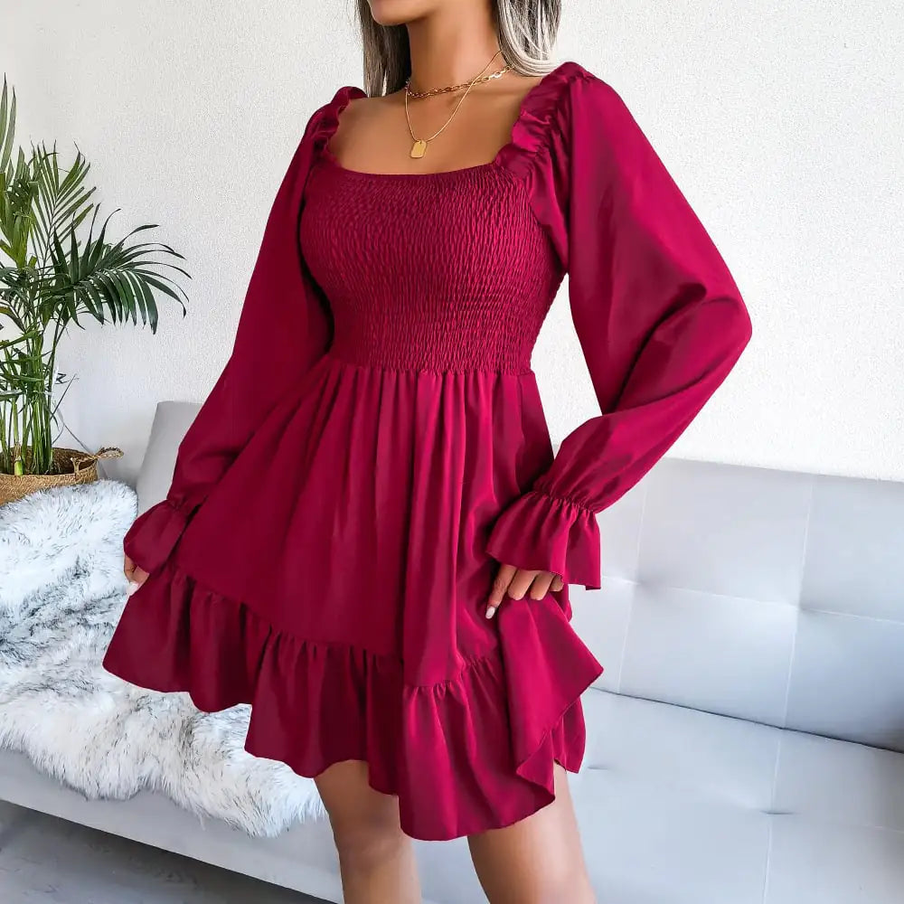 Square Neck Flared Long Sleeve Ruffle Dress