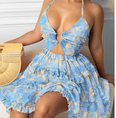 WOLFF Hollow Out Strap V-Neck Elegant Floral Dress