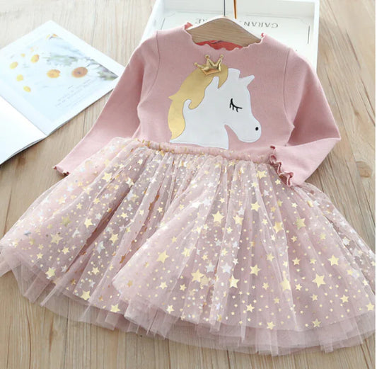 Unicorn Long Sleeve Dress for Kids (Sizes 2-6 Years)