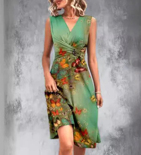 Floral Design V-Neck Sleeveless Midi Dress (One Piece)