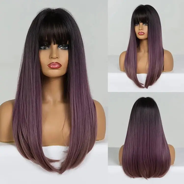Long Straight Black Gradient Purple Hair with Bangs