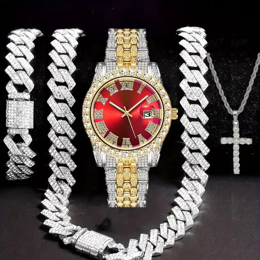 Hip Hop Jewelry Set – Bracelet, Necklace & Diamond Watch