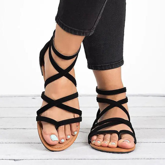 Black Roman Sandals for Women - Hollow Flat Design