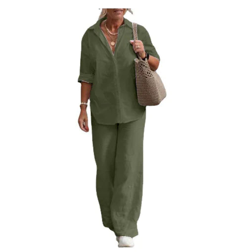 WOLFF Women's Two-Piece Blouse and Wide Leg Pants Suit